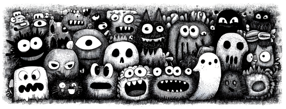 Wide doodle collection of cartoon monsters, pumpkins, candy, ghosts, and bats, isolated on white