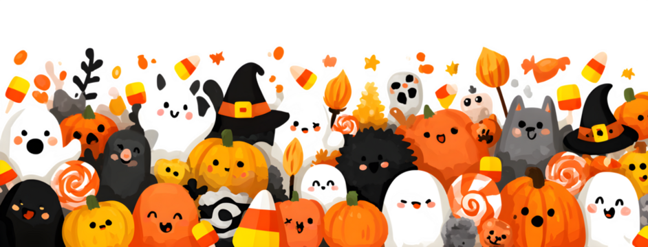 Wide doodle design with ghosts, witches hats, broomsticks, pumpkins, candy corn, isolated on white