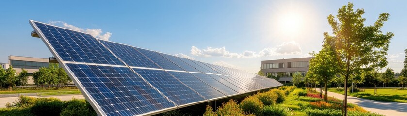 Obraz premium A solar panel installation harnessing renewable energy under a bright sun.