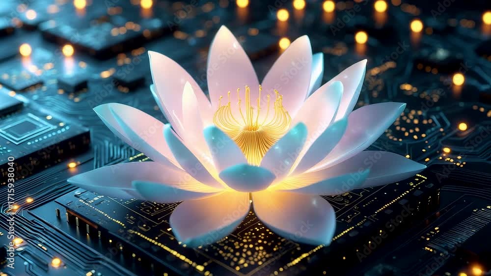Poster glowing lotus flower blooming on digital microchip circuit board with illuminated petals blending na