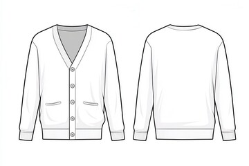 Classic Plain Cardigan Front and Back Outline in Black Line Art Illustration