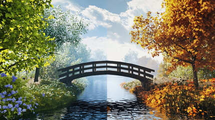 Nature transitions across seasons with a bridge over a serene river