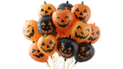 Jack-o-lantern balloon cluster decoration, isolated on white background