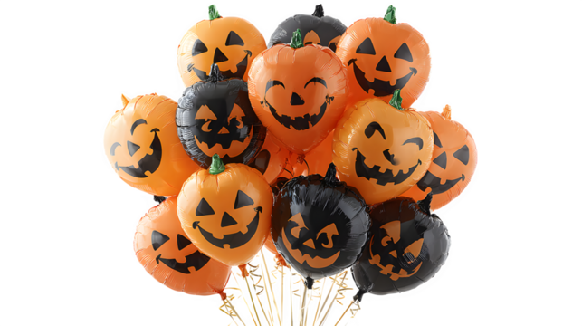 Jack-o-lantern balloon cluster decoration, isolated on white background