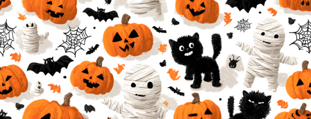 Wide pattern of mummy bandages, pumpkins, bats, and cobwebs, isolated on white