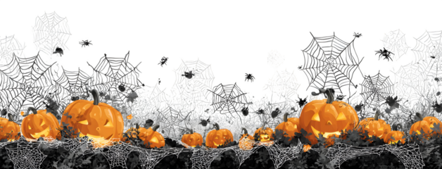 Wide seamless border of spiderwebs, spiders, and jack-o-lantern faces glowing, isolated on white