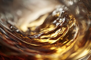 Swirling Whiskey: A macro view of amber liquid, creating a mesmerizing vortex and a tactile sense of movement and dynamism.