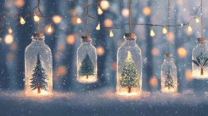 A whimsical row of miniature Christmas trees sealed inside small glass bottles stands in snow, illuminated by hanging fairy lights and a warm, glowing bokeh background, evoking a cozy holiday atmosphe