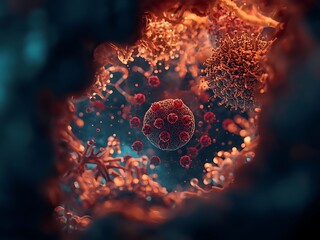 Microscopic view of a fiery biological structure with glowing particles