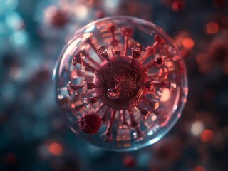 Close up of a virus particle with spikes inside a transparent sphere