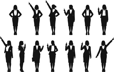 Businesswoman silhouette, professional female figure, presentation pose, corporate attire, black dress, blazer, communication gesture, teamwork,