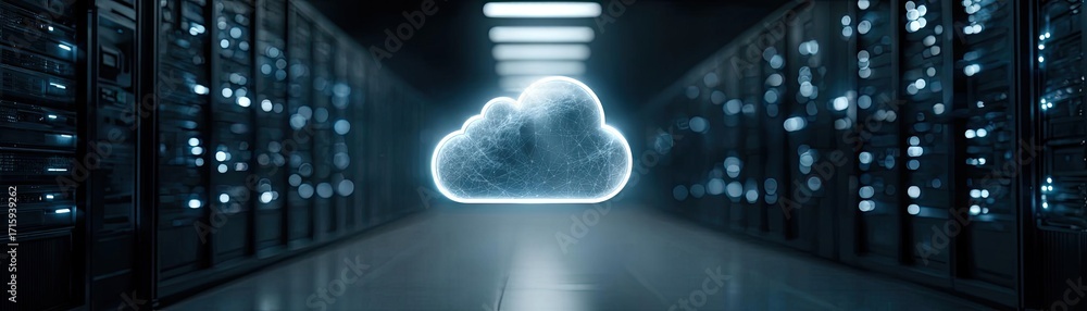 Poster cyber security and data protection strategy concept. a glowing cloud icon surrounded by data servers