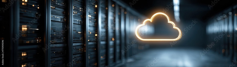 Poster Cyber security and data protection strategy concept. Modern data center with cloud symbol representing digital storage.