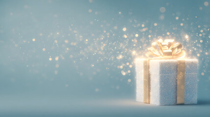 A magical, brightly glowing gift box, outlined in fiery orange and red light, sits on a dark, textured surface with blue undertones, surrounded by contrasting red and blue holiday bokeh lights.