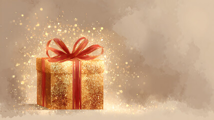 A magical, brightly glowing gift box, outlined in fiery orange and red light, sits on a dark, textured surface with blue undertones, surrounded by contrasting red and blue holiday bokeh lights.