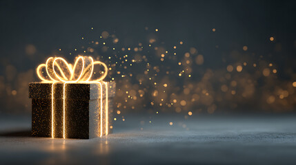 A magical, brightly glowing gift box, outlined in fiery orange and red light, sits on a dark, textured surface with blue undertones, surrounded by contrasting red and blue holiday bokeh lights.