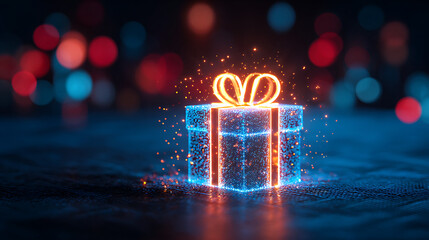 A magical, brightly glowing gift box, outlined in fiery orange and red light, sits on a dark, textured surface with blue undertones, surrounded by contrasting red and blue holiday bokeh lights.