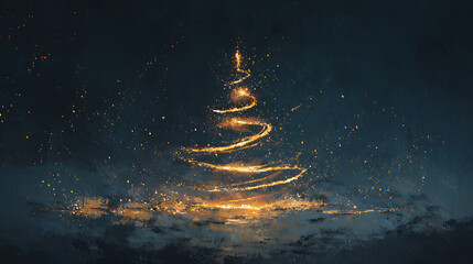 An abstract Christmas tree shape formed by glowing, golden light trails and sparkling dust against a dark, moody blue background, symbolizing festive magic and the winter holiday season.