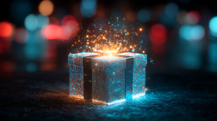 A magical, brightly glowing gift box, outlined in fiery orange and red light, sits on a dark, textured surface with blue undertones, surrounded by contrasting red and blue holiday bokeh lights.