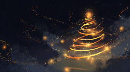 An abstract Christmas tree shape formed by glowing, golden light trails and sparkling dust against a dark, moody blue background, symbolizing festive magic and the winter holiday season.
