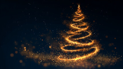 An abstract Christmas tree shape formed by glowing, golden light trails and sparkling dust against a dark, moody blue background, symbolizing festive magic and the winter holiday season.