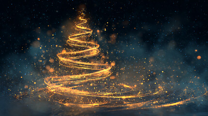 An abstract Christmas tree shape formed by glowing, golden light trails and sparkling dust against a dark, moody blue background, symbolizing festive magic and the winter holiday season.