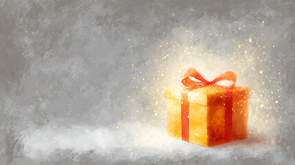 An elegant, sparkling silver gift box with a golden ribbon stands on a muted blue background, with magical golden particles bursting upwards and ample copy space on the right for text or greetings