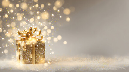 An elegant, sparkling silver gift box with a golden ribbon stands on a muted blue background, with magical golden particles bursting upwards and ample copy space on the right for text or greetings
