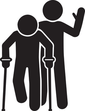 Krash Walking Physical Therapy, Silhouette vector of an injured person with crutches receiving support symbolizing physical therapy, rehabilitation, and compassionate care