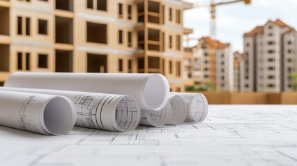 Construction blueprints and plans on a building site with rising structures.