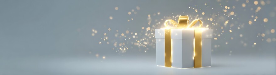 A glowing, elegantly wrapped gift box with a golden ribbon stands on a light background, surrounded by glittering, warm bokeh and soft snow particles, perfect for festive holiday and celebration theme