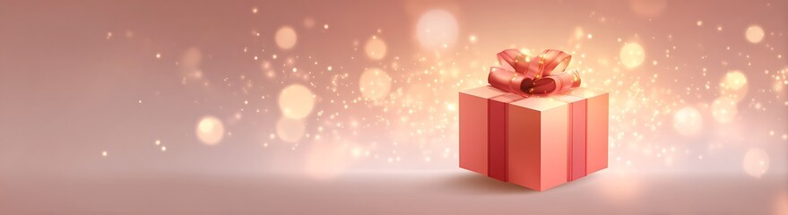 A glowing, elegantly wrapped gift box with a golden ribbon stands on a light background, surrounded by glittering, warm bokeh and soft snow particles, perfect for festive holiday and celebration theme