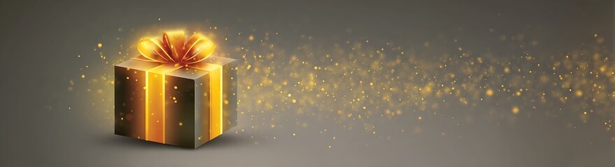 A glowing, elegantly wrapped gift box with a golden ribbon stands on a light background, surrounded by glittering, warm bokeh and soft snow particles, perfect for festive holiday and celebration theme