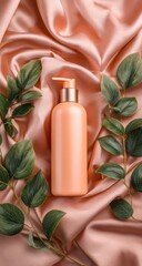 Peach-toned pump bottle of skincare or hair product nestled amongst lush green leaves on a swath of blush-colored silk