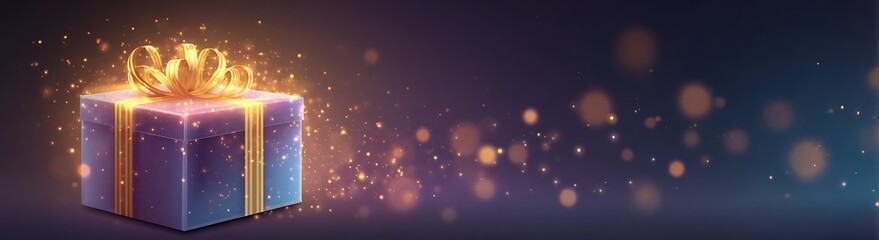 A glowing, elegantly wrapped gift box with a golden ribbon stands on a light background, surrounded by glittering, warm bokeh and soft snow particles, perfect for festive holiday and celebration theme