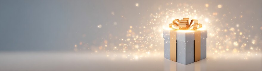 A glowing, elegantly wrapped gift box with a golden ribbon stands on a light background, surrounded by glittering, warm bokeh and soft snow particles, perfect for festive holiday and celebration theme