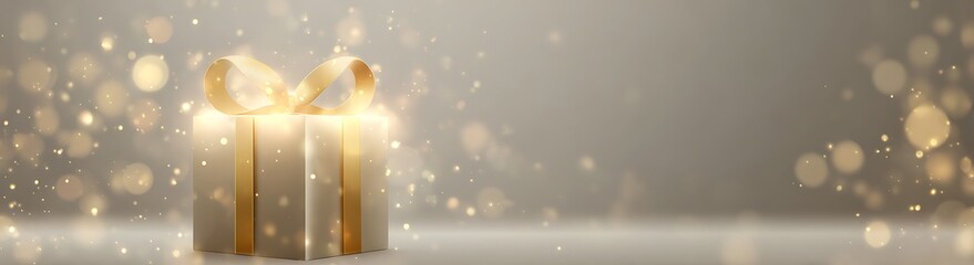 A glowing, elegantly wrapped gift box with a golden ribbon stands on a light background, surrounded by glittering, warm bokeh and soft snow particles, perfect for festive holiday and celebration theme