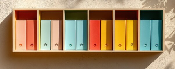 Colorful organized file folders arranged neatly on a wooden shelf.