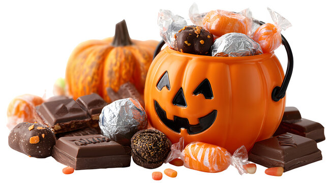 Jack-o-lantern candy bucket placed beside spilled chocolate bars and lollipops, isolated on white background - Powered by Adobe