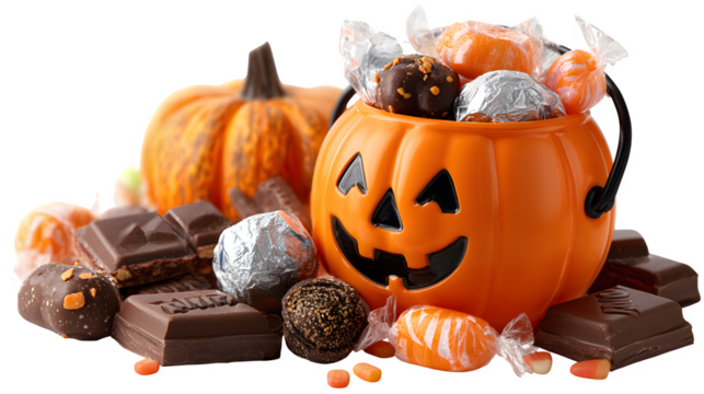 Jack-o-lantern candy bucket placed beside spilled chocolate bars and lollipops, isolated on white background