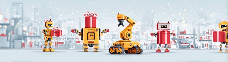 Fototapeta premium Cute robots carrying large red gift boxes in a warehouse filled with presents, futuristic Christmas delivery and holiday technology concept.