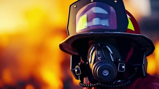A firefighter wearing a helmet and full-face breathing mask stands beside a blazing fire.