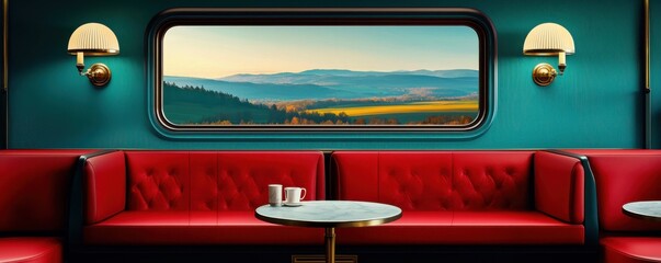 Cozy interior with red seating and scenic mountain view through large window.