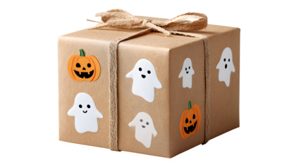 Jack-o-lantern gift box decorated with ghost stickers, isolated on white background