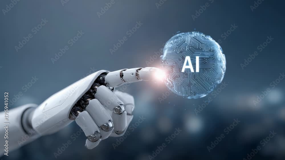 Poster robotic hand gesturing toward artificial intelligence icon, representing technological innovation an