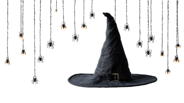 Witch hat decoration with dangling spiderweb strings, isolated on white background