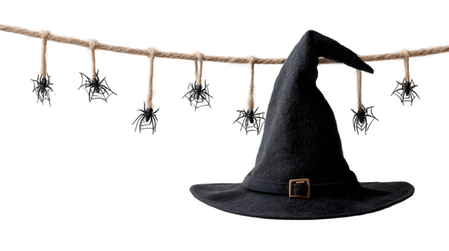 Witch hat decoration with dangling spiderweb strings, isolated on white background