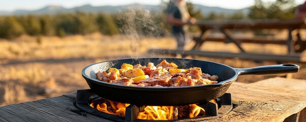 Delicious hot meal cooking in a cast-iron skillet over a campfire outdoors.
