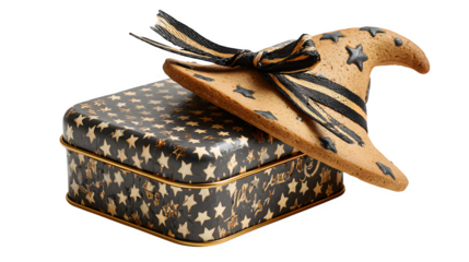 Witch hat shaped cookie gift tin decorated with ribbon, isolated on white background