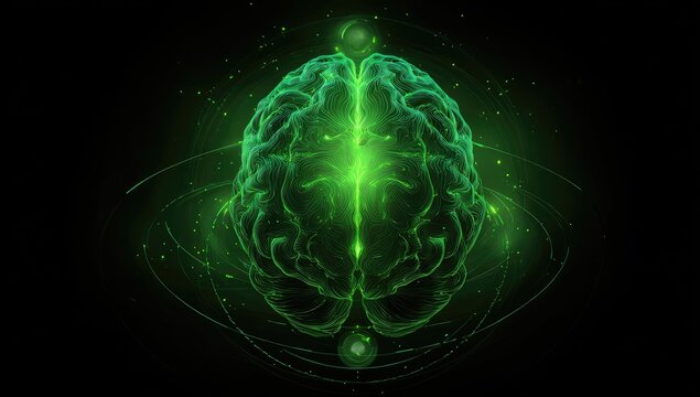 Green glowing brain, abstract, cosmic